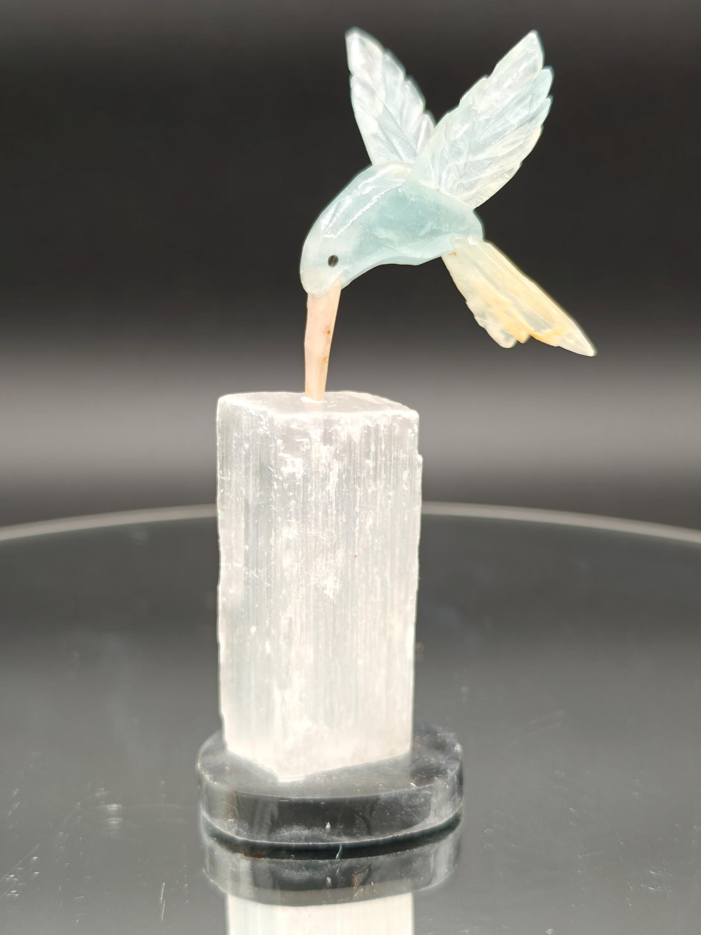 Blue Onyx Hummingbird on Satin Spar (Selenite Gypsum) - Hand Carved Brazil, 4 oz, 4 x 1in Crystal Hoarder