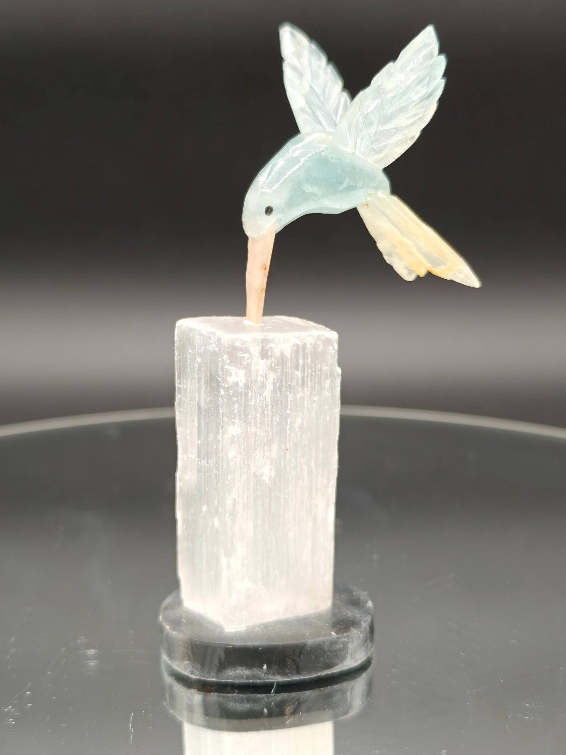 Blue Onyx Hummingbird on Satin Spar (Selenite Gypsum) - Hand Carved Brazil, 4 oz, 4 x 1in Crystal Hoarder