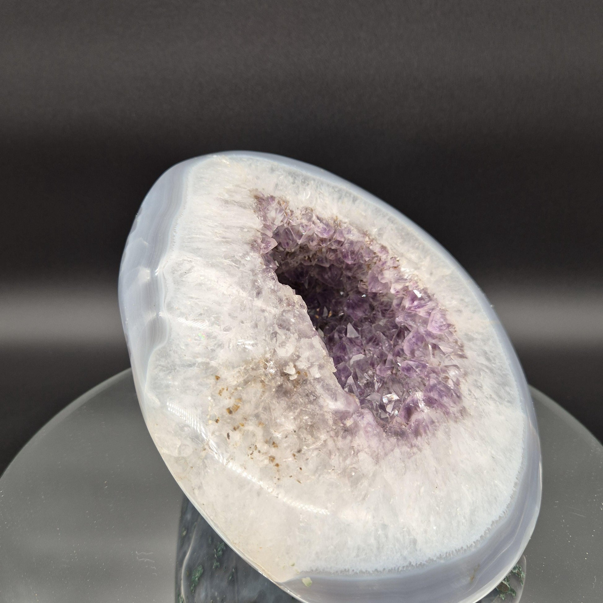 Fully Polished Amethyst with Blue Banded Agate Geode Head Hematite Calcite 12.41 lbs 9x9x7.5 Brazil Crystal Hoarder