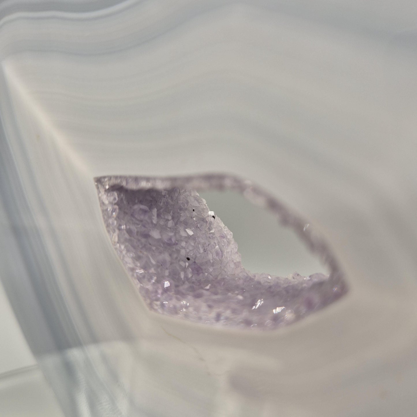 AAA+ Druzy Amethyst with Blue Banded Agate on Stand - Brazilian Amethyst Specimen - Perfect Framed Crystal Center Crystal Hoarder
