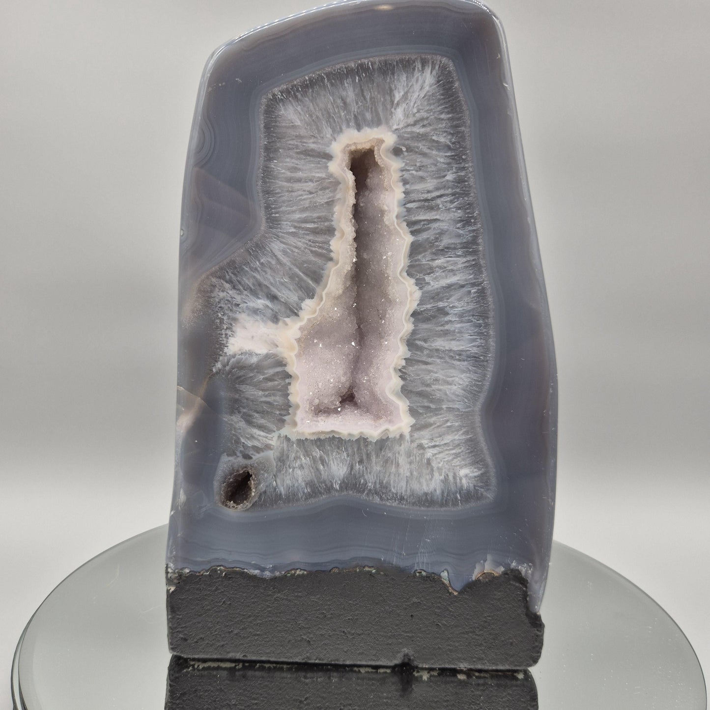 Fully Polished Blue Banded Agate with Druzy | Brazilian Agate Cathedral | Natural Crystal Display Specimen | Collector Stone Crystal Hoarder