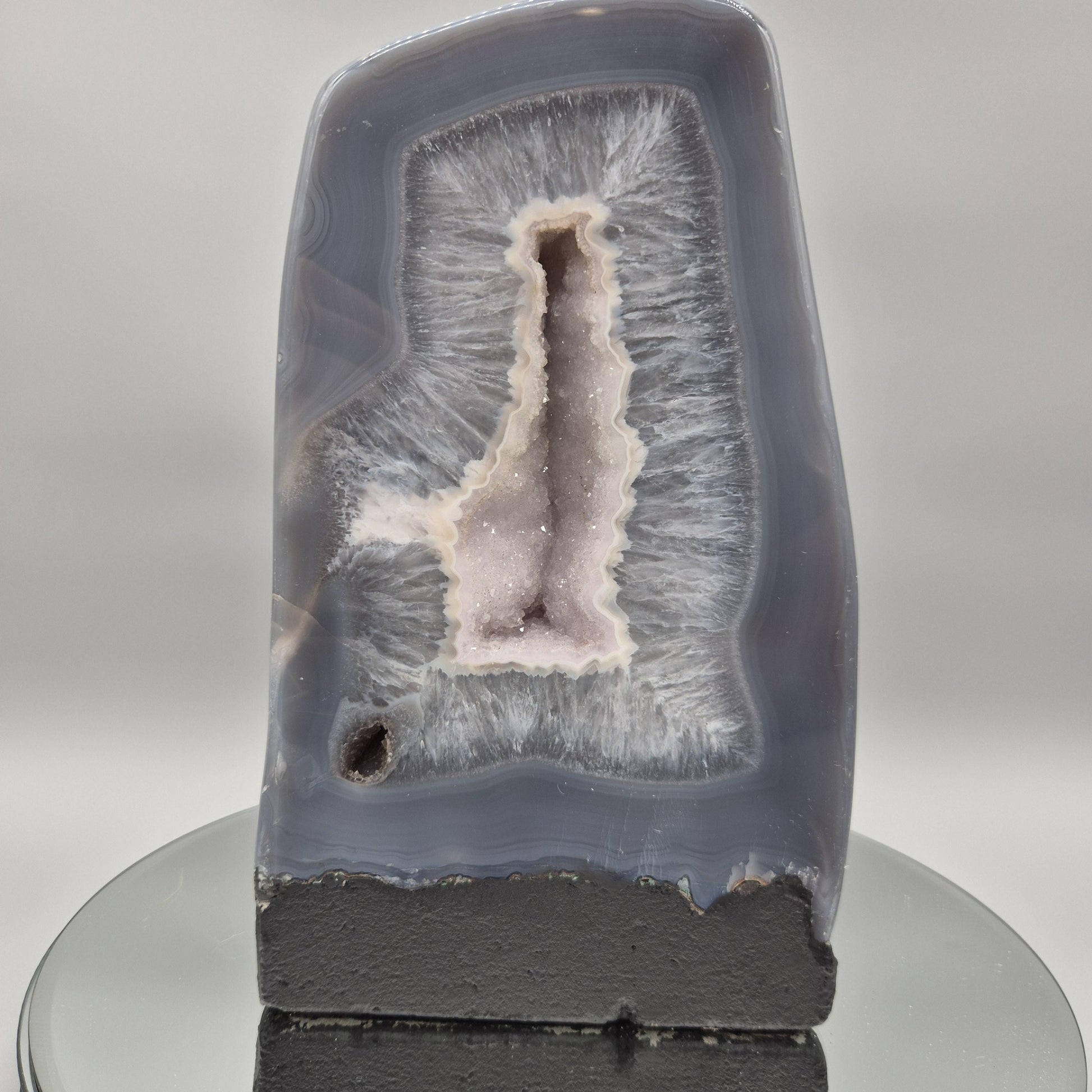 Fully Polished Blue Banded Agate with Druzy | Brazilian Agate Cathedral | Natural Crystal Display Specimen | Collector Stone Crystal Hoarder