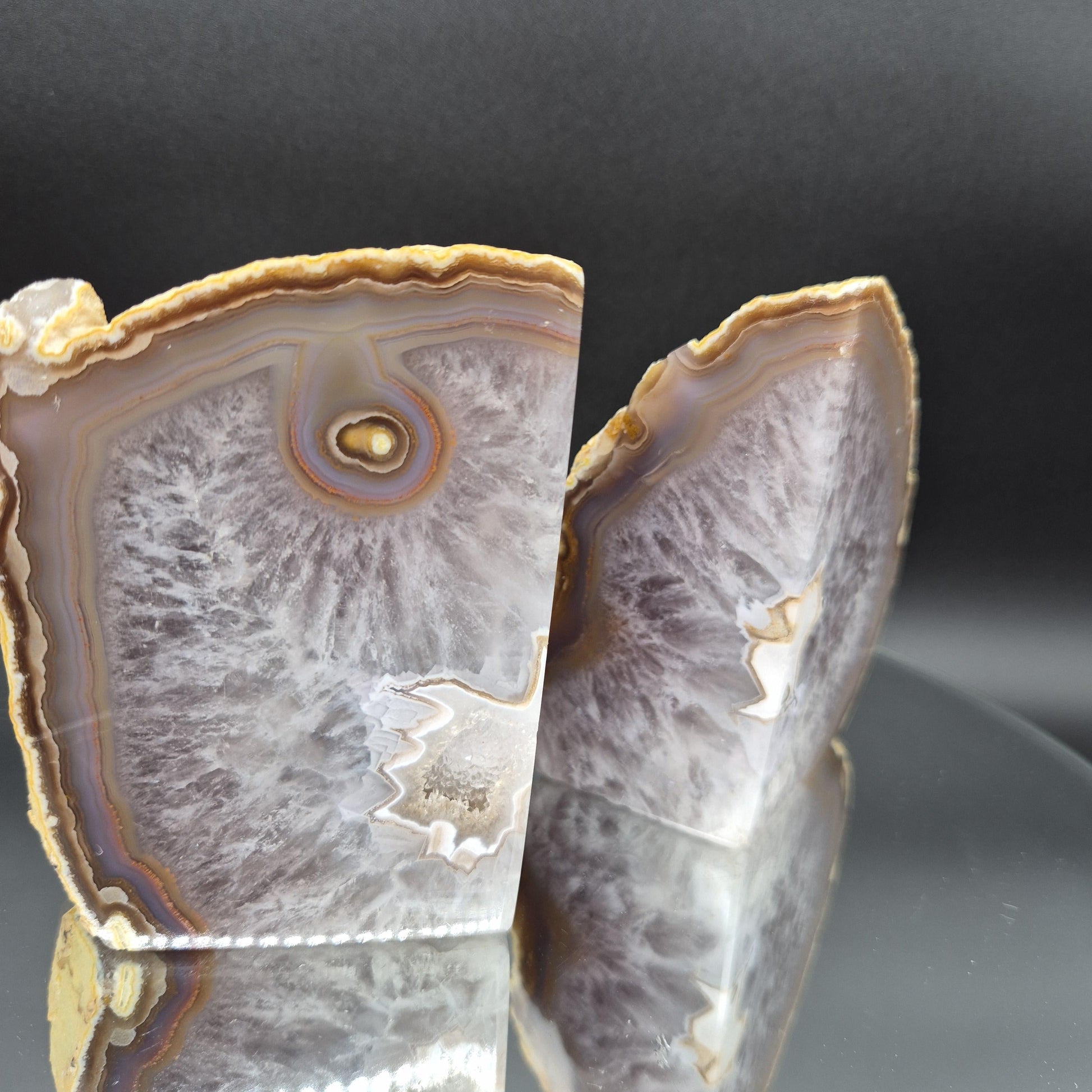 AAA+ Agate Bookends with Druzy & Stalactite Eye 7x4.5 | 3.73 lbs Natural Crystal Pair | Polished Agate Geode | Unique Home Decor Crystal Hoarder