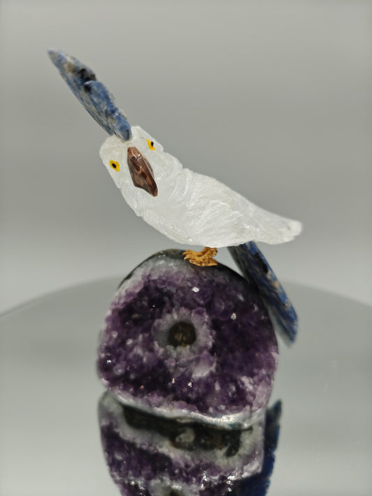 Hand Carved Clear Quartz Bird on Amethyst Base with Stalactite Eye | Sodalite & Jasper Inlay Crystal Hoarder