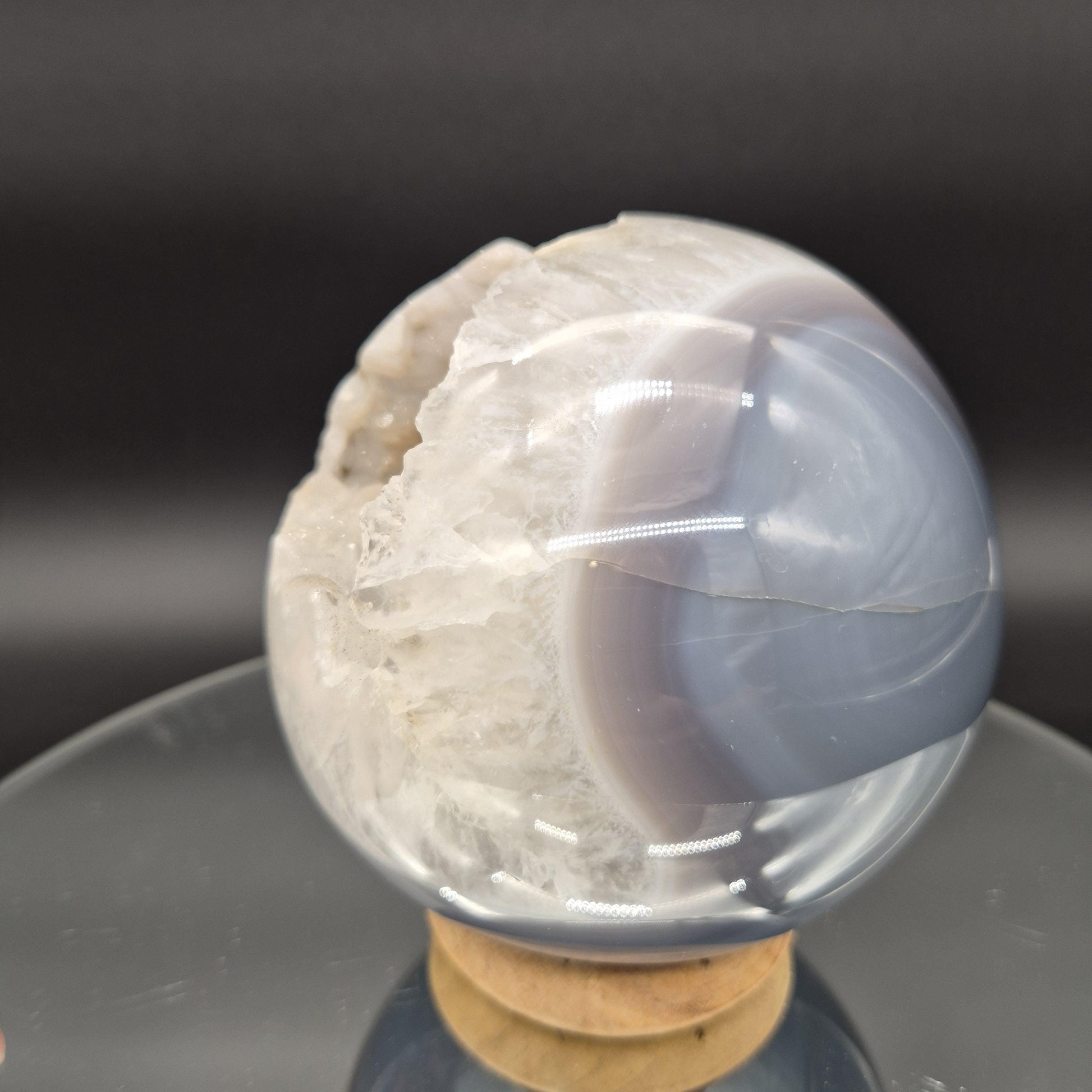 AAA+ Rare Sugar Druzy Amethyst Sphere with Calcite Hematite Blue Banded Agate 5 In (125mm) 5.24 lbs Brazil Crystal Hoarder