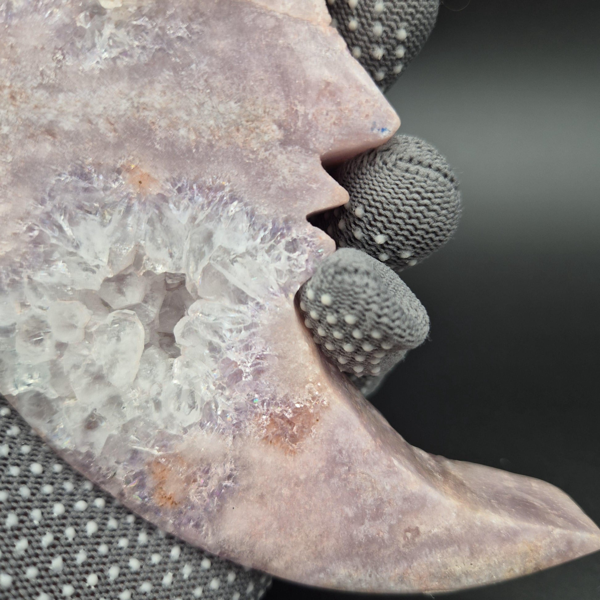 AAA+ Druzy Pink Amethyst Crescent Moon Face Carving | Brazilian Crystal Display | .95 lbs Crystal Hoarder