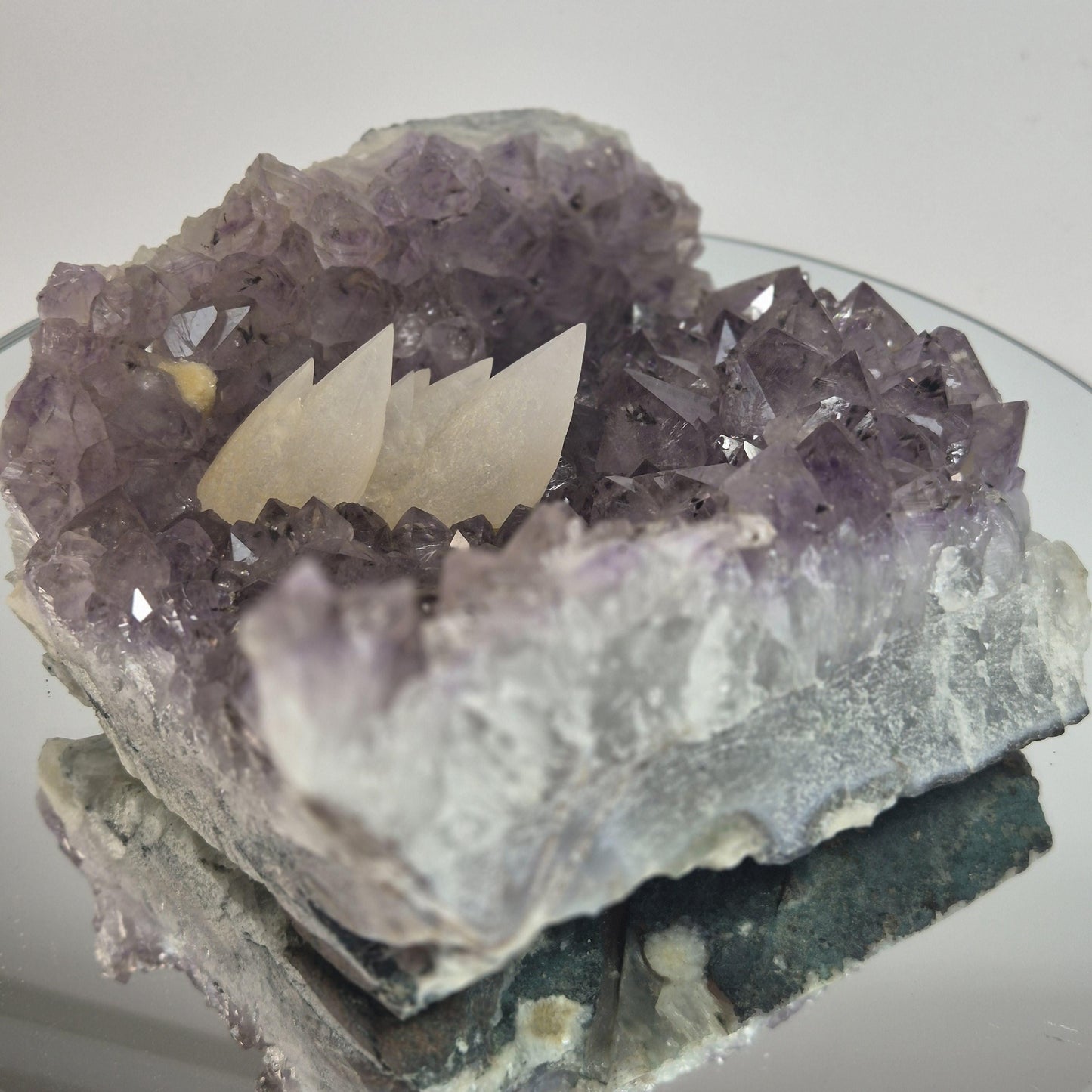 Super Rare White Mountain Calcite Points on Amethyst Cluster with Sugar Calcite Crystal Hoarder