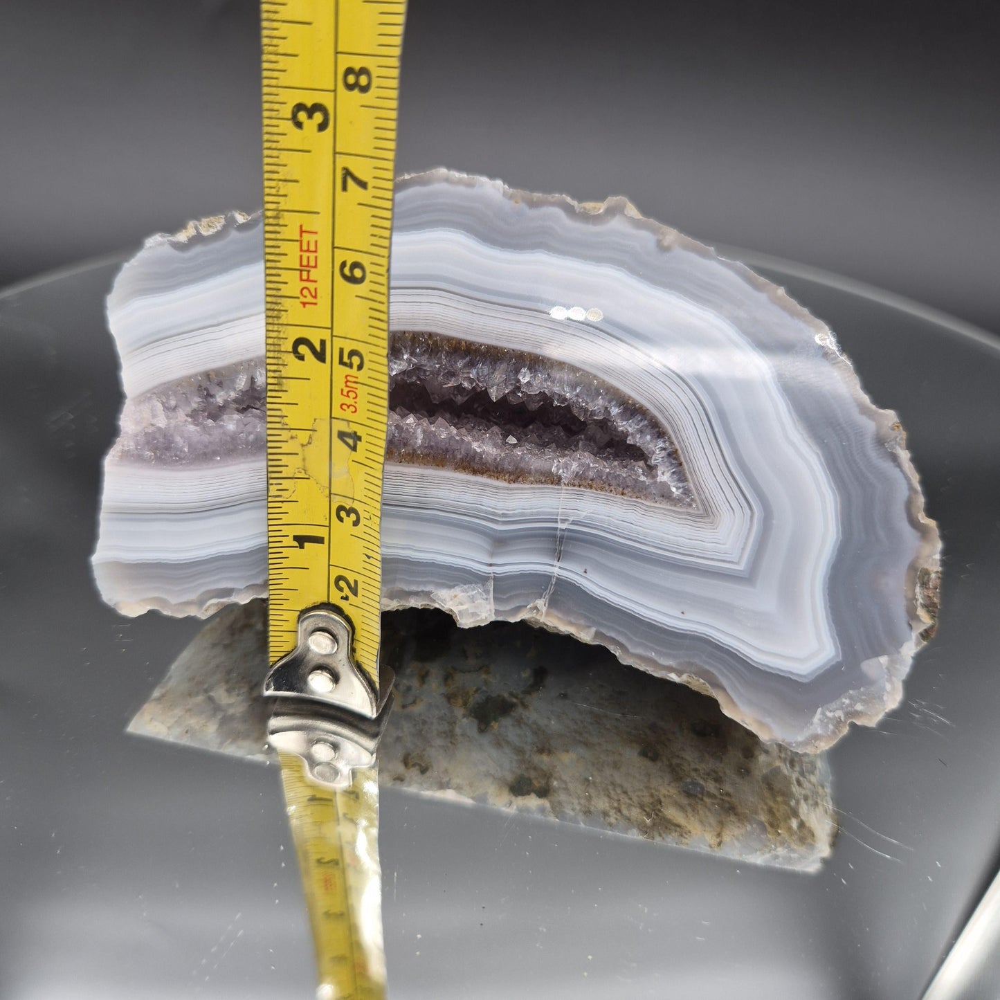 AAA+ Amethyst with Blue Banded Agate Cut Base | Brazilian Amethyst Crystal Cluster | 1.03 lbs Crystal Hoarder