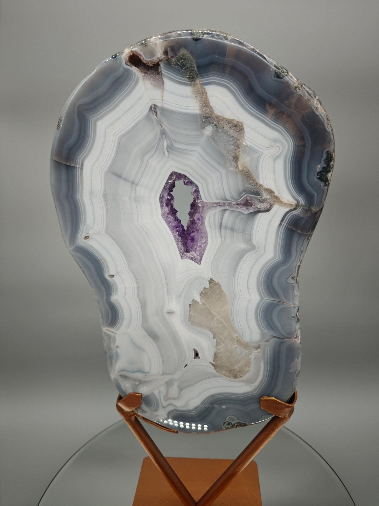 Fully Polished Druzy Amethyst with Blue Banded Agate & Calcite - Brazilian Crystal Display - 15.5in Statement Specimen - 7.33 lbs Crystal Hoarder