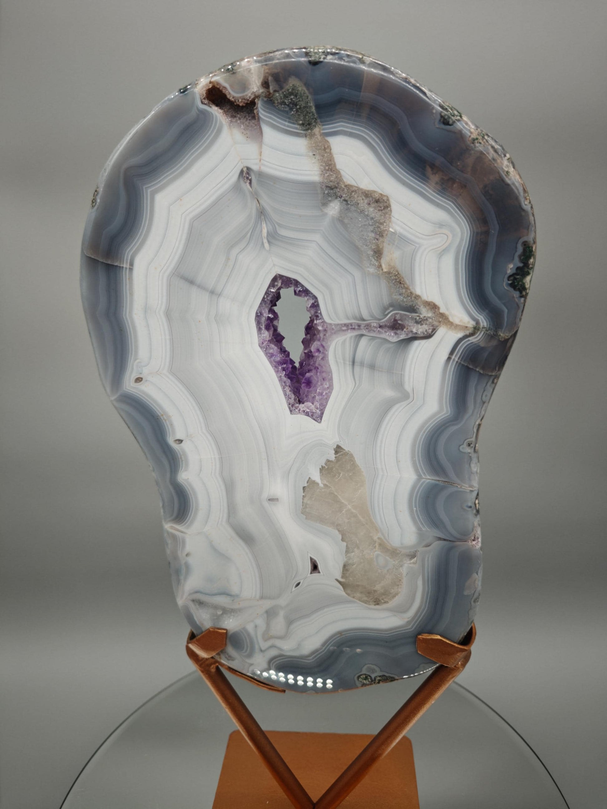 Fully Polished Druzy Amethyst with Blue Banded Agate & Calcite - Brazilian Crystal Display - 15.5in Statement Specimen - 7.33 lbs Crystal Hoarder