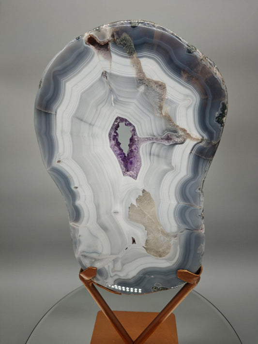 Fully Polished Druzy Amethyst with Blue Banded Agate & Calcite - Brazilian Crystal Display - 15.5in Statement Specimen - 7.33 lbs Crystal Hoarder