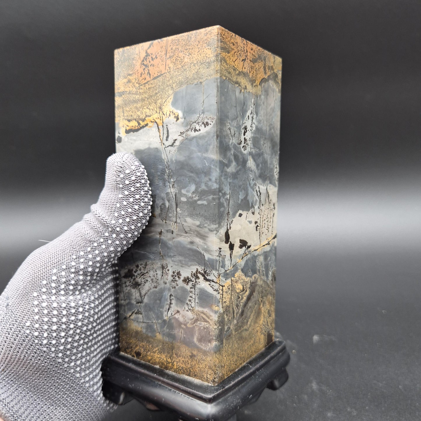 AAA+ Picture Jasper on Wood Base | Dark Gray & Earth Tones Natural Scenic Stone | 3.48 lbs Crystal Hoarder