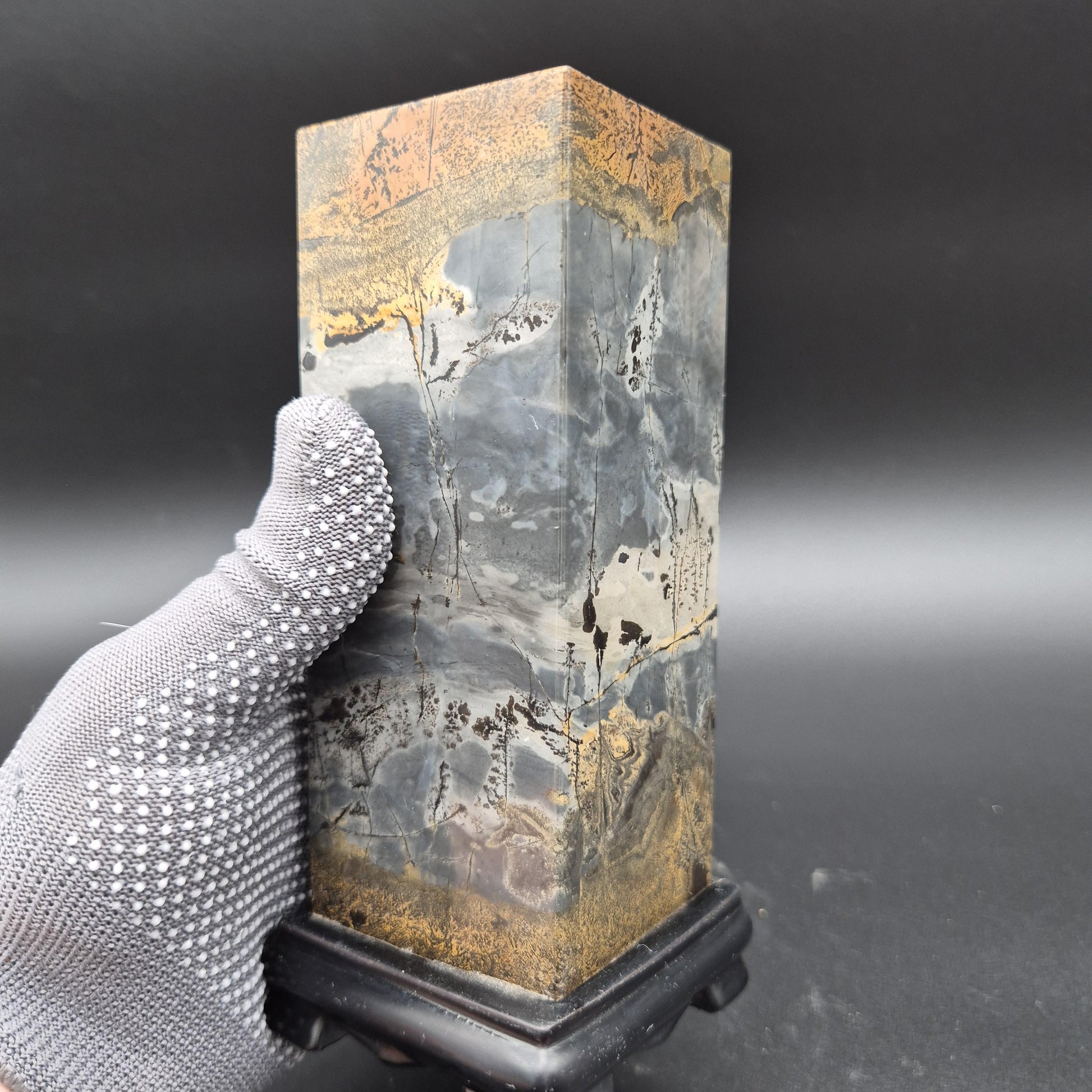 AAA+ Picture Jasper on Wood Base | Dark Gray & Earth Tones Natural Scenic Stone | 3.48 lbs Crystal Hoarder