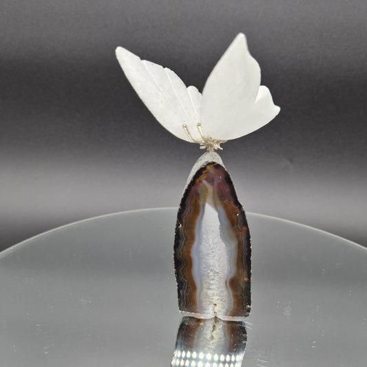 Snow Quartz Butterfly on Banded Agate Base - Brazil Crystal Butterfly Carving - Natural Quartz & Agate Display - 5" x 3" | 0.52 lbs