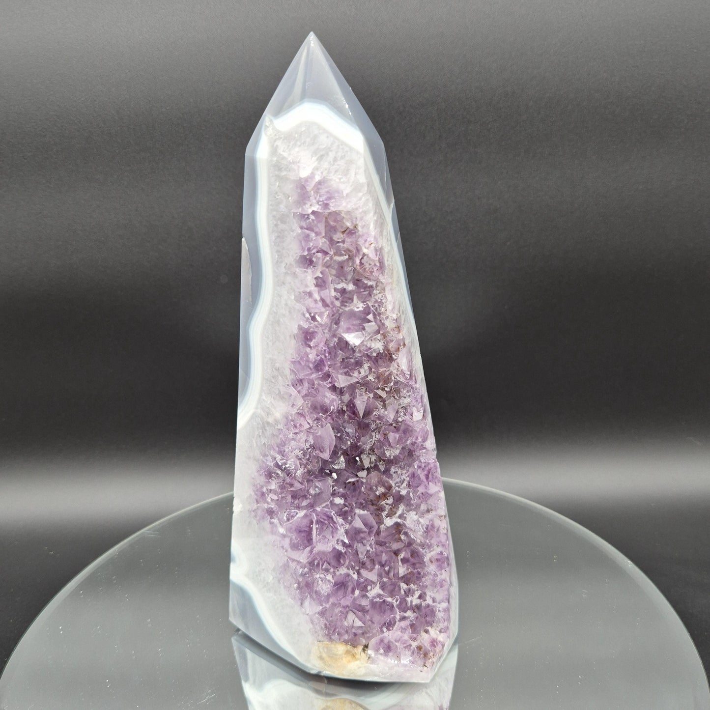 AAA+ Fully Polished Amethyst with Blue Banded Agate and Calcite - Brazil Specimen - 9.5 x 4in - 4.57 lbs - Collector Display Crystal Hoarder