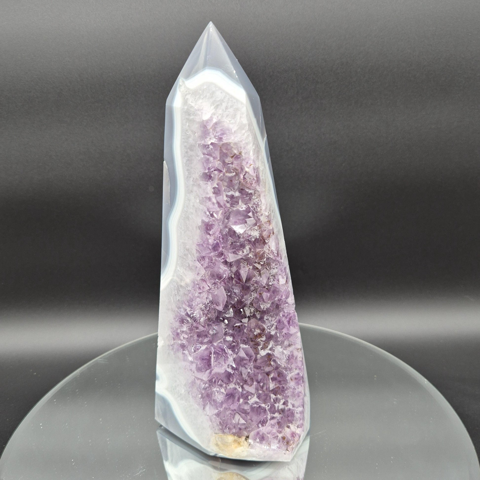 AAA+ Fully Polished Amethyst with Blue Banded Agate and Calcite - Brazil Specimen - 9.5 x 4in - 4.57 lbs - Collector Display Crystal Hoarder
