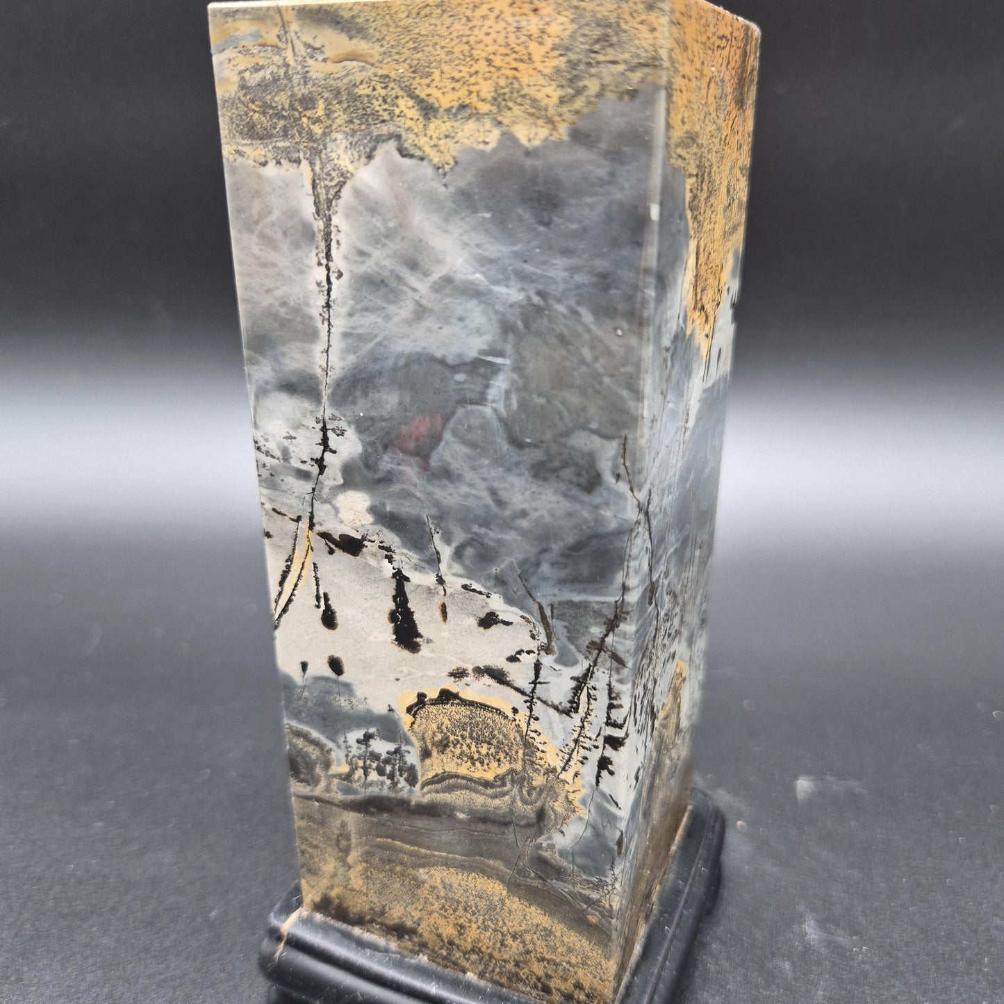 AAA+ Picture Jasper on Wood Base | Dark Gray & Earth Tones Natural Scenic Stone | 3.48 lbs Crystal Hoarder