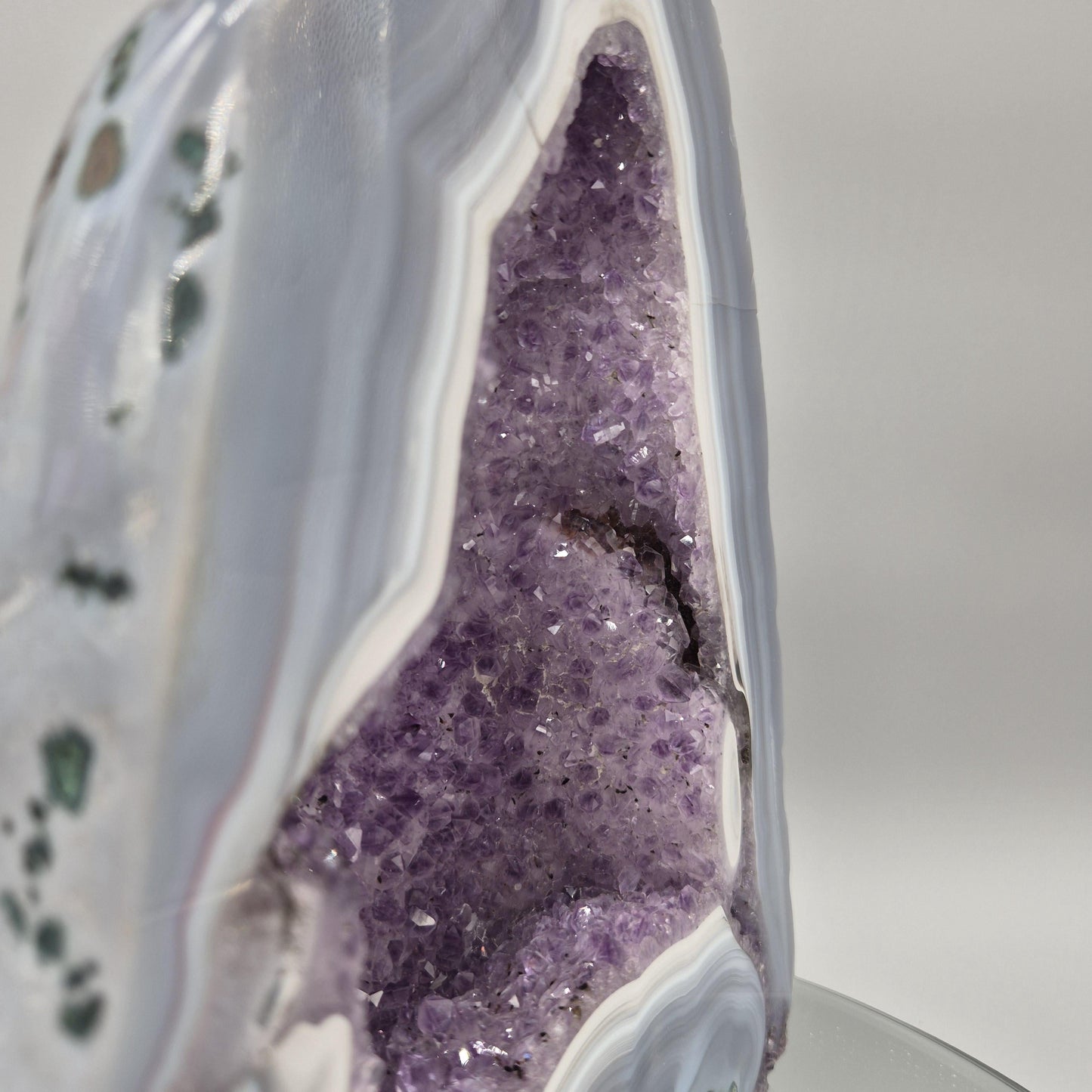 AAA+ Fully Polished Blue Banded Agate & Dark Amethyst Cathedral | Brazil Amethyst Geode | Collector Crystal Specimen Crystal Hoarder