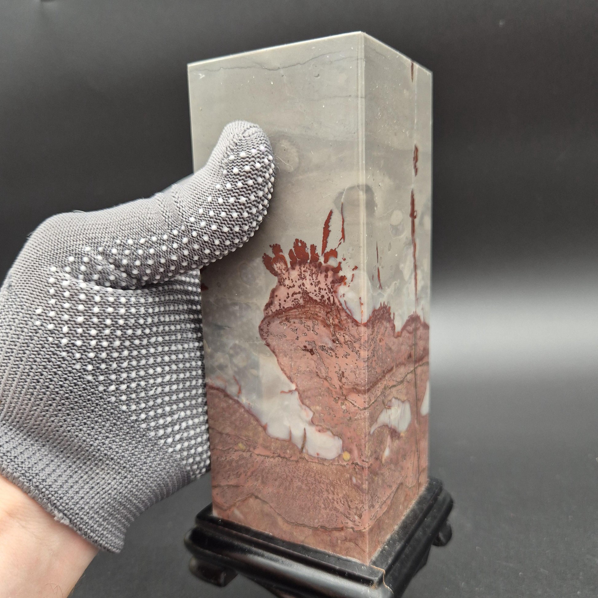 AAA+ Picture Jasper on Wood Base | Gray & Red Natural Scenic Stone Display | 3.58 lbs Crystal Hoarder
