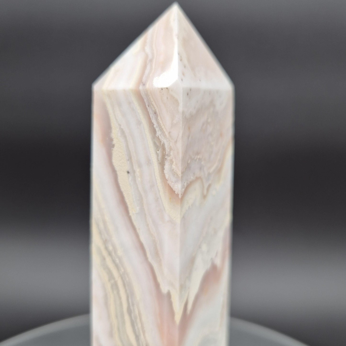 AAA+ Light Pink Crazy Lace Agate Tower with Druzy - 8 x 2in, 1.33 lbs - Natural Crystal Display, Collector Specimen Crystal Hoarder