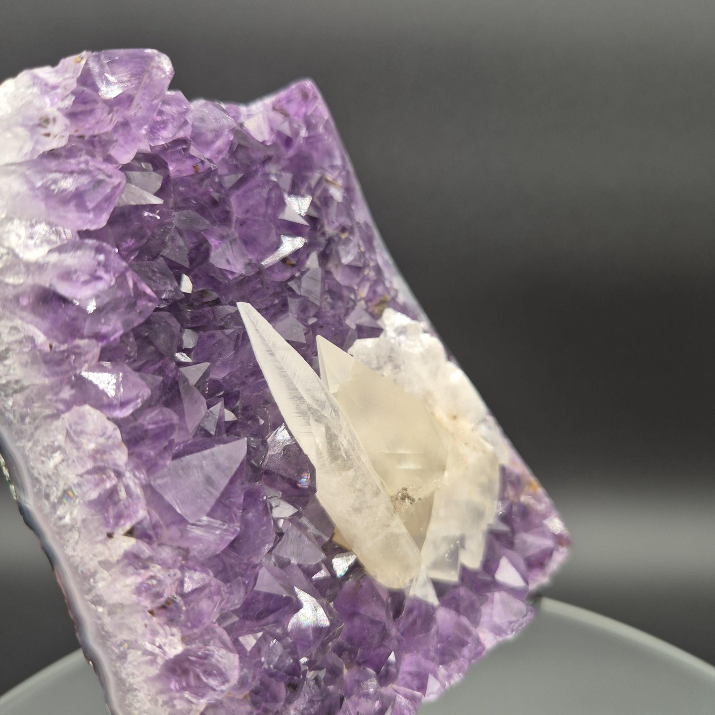 Super Rare Amethyst with Double-Terminated Transparent & Sugar Calcite | 7.5 x 4.5in | 2 lb Free-Form Crystal on Stand | UV Reactive Crystal Hoarder