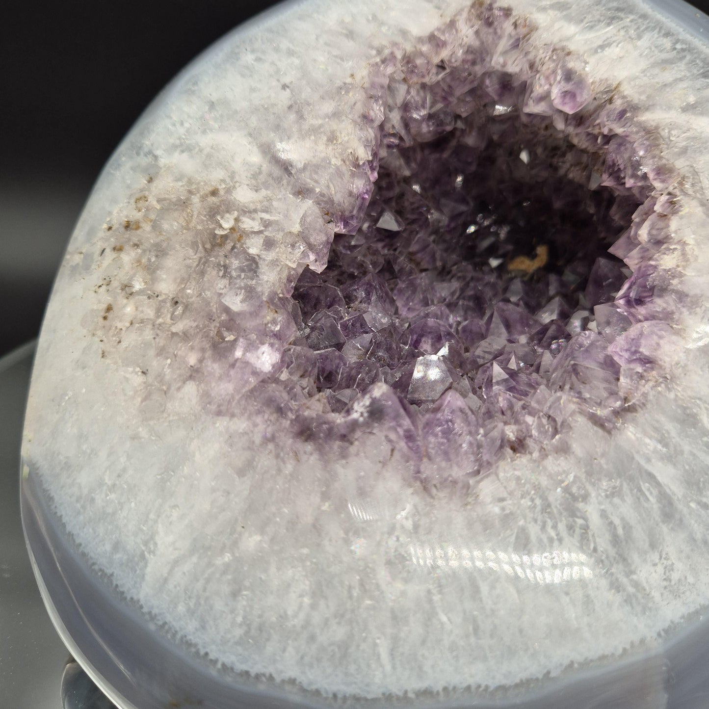 Fully Polished Amethyst with Blue Banded Agate Geode Head Hematite Calcite 12.41 lbs 9x9x7.5 Brazil Crystal Hoarder
