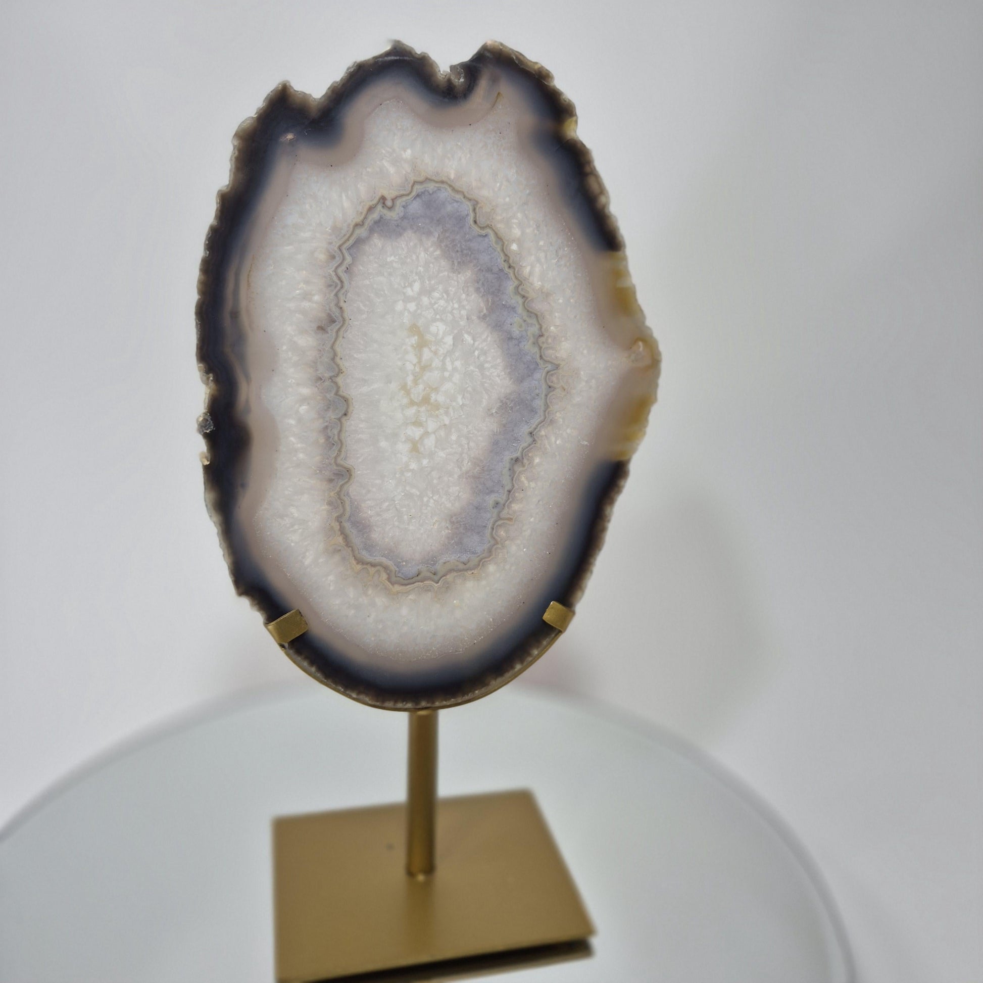 Clear Quartz Crystal with Banded Agate Slice on Stand, Translucent - Brazil Crystal Hoarder
