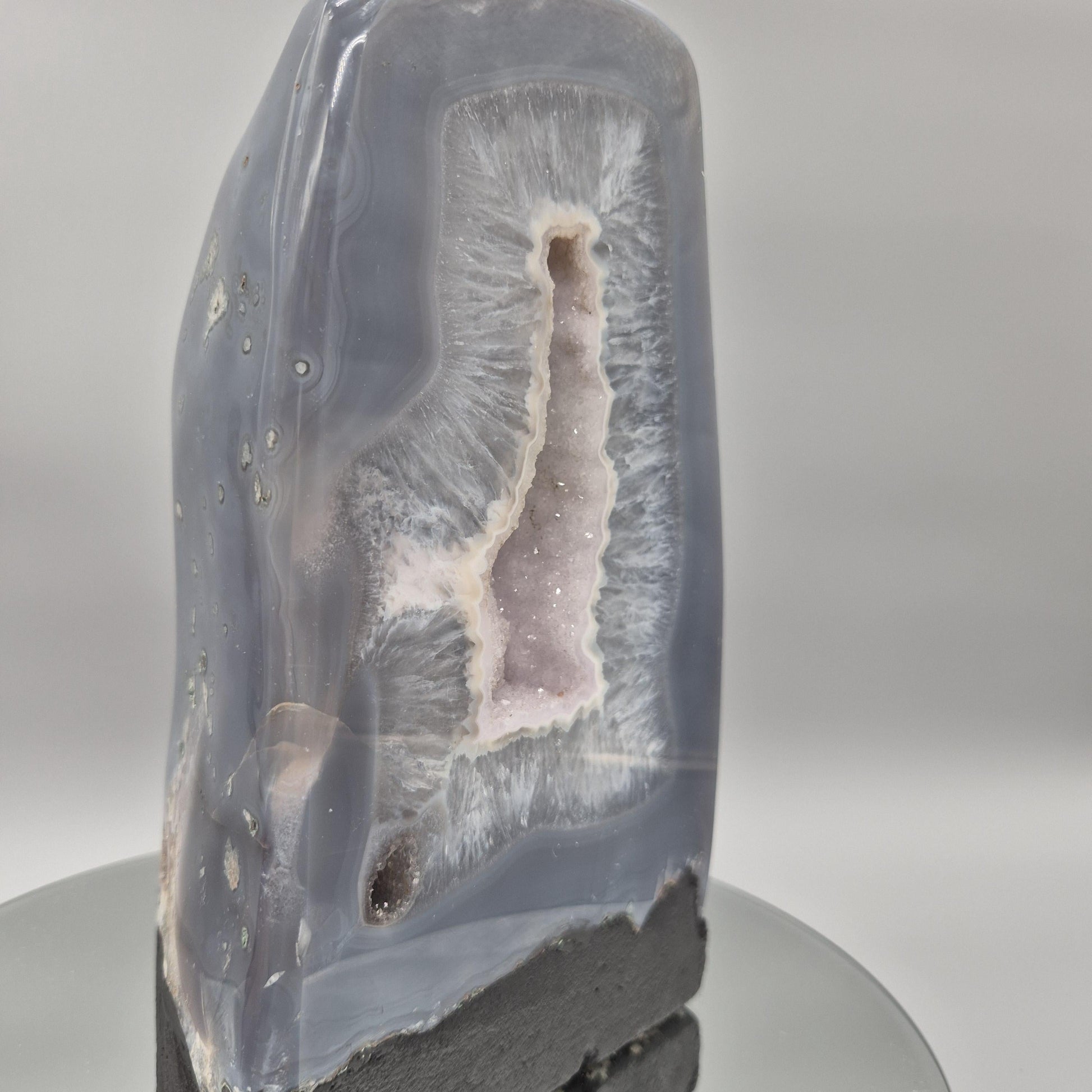 Fully Polished Blue Banded Agate with Druzy | Brazilian Agate Cathedral | Natural Crystal Display Specimen | Collector Stone Crystal Hoarder