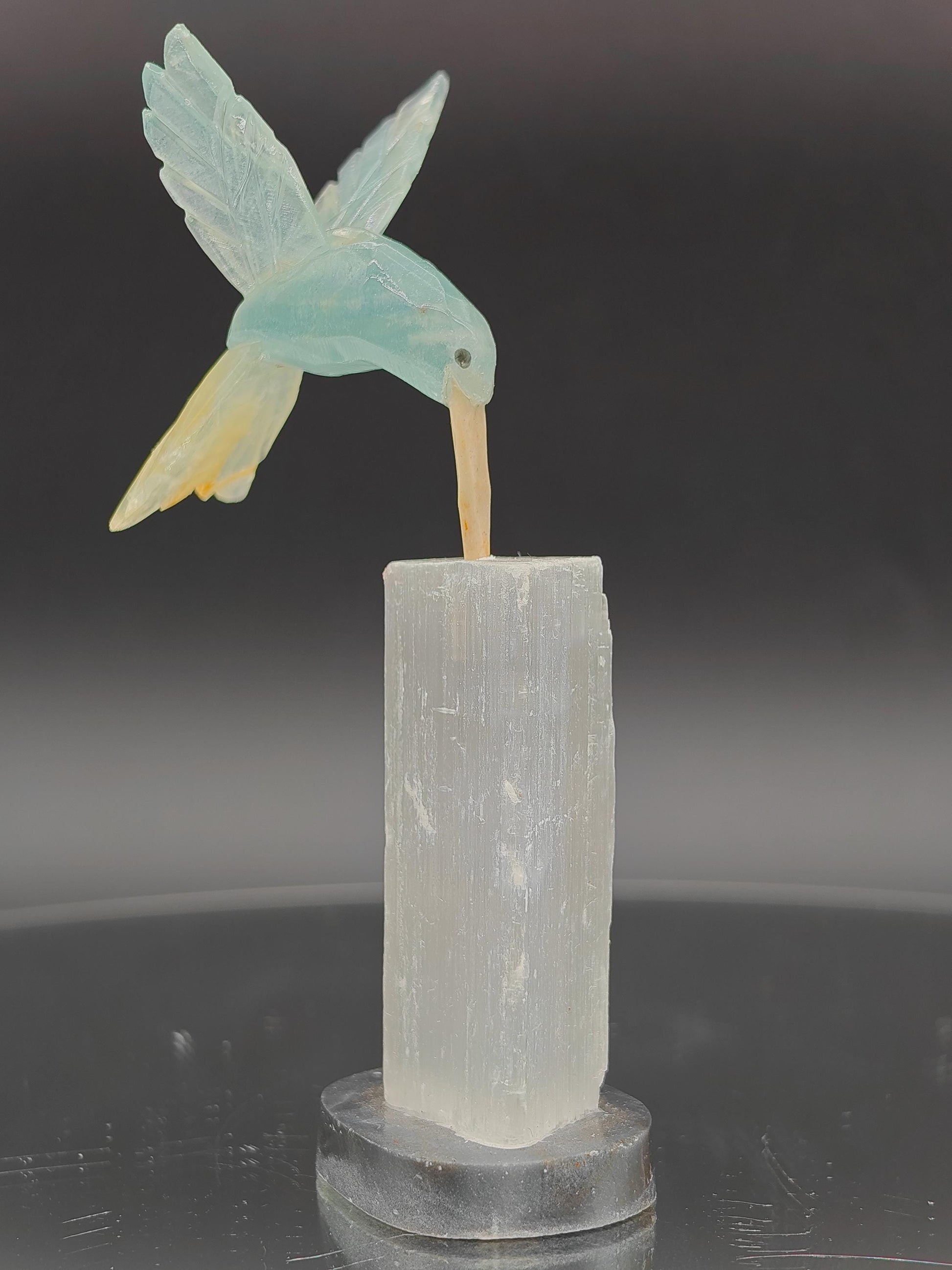 Blue Onyx Hummingbird on Satin Spar (Selenite Gypsum) - Hand Carved Brazil, 4 oz, 4 x 1in Crystal Hoarder