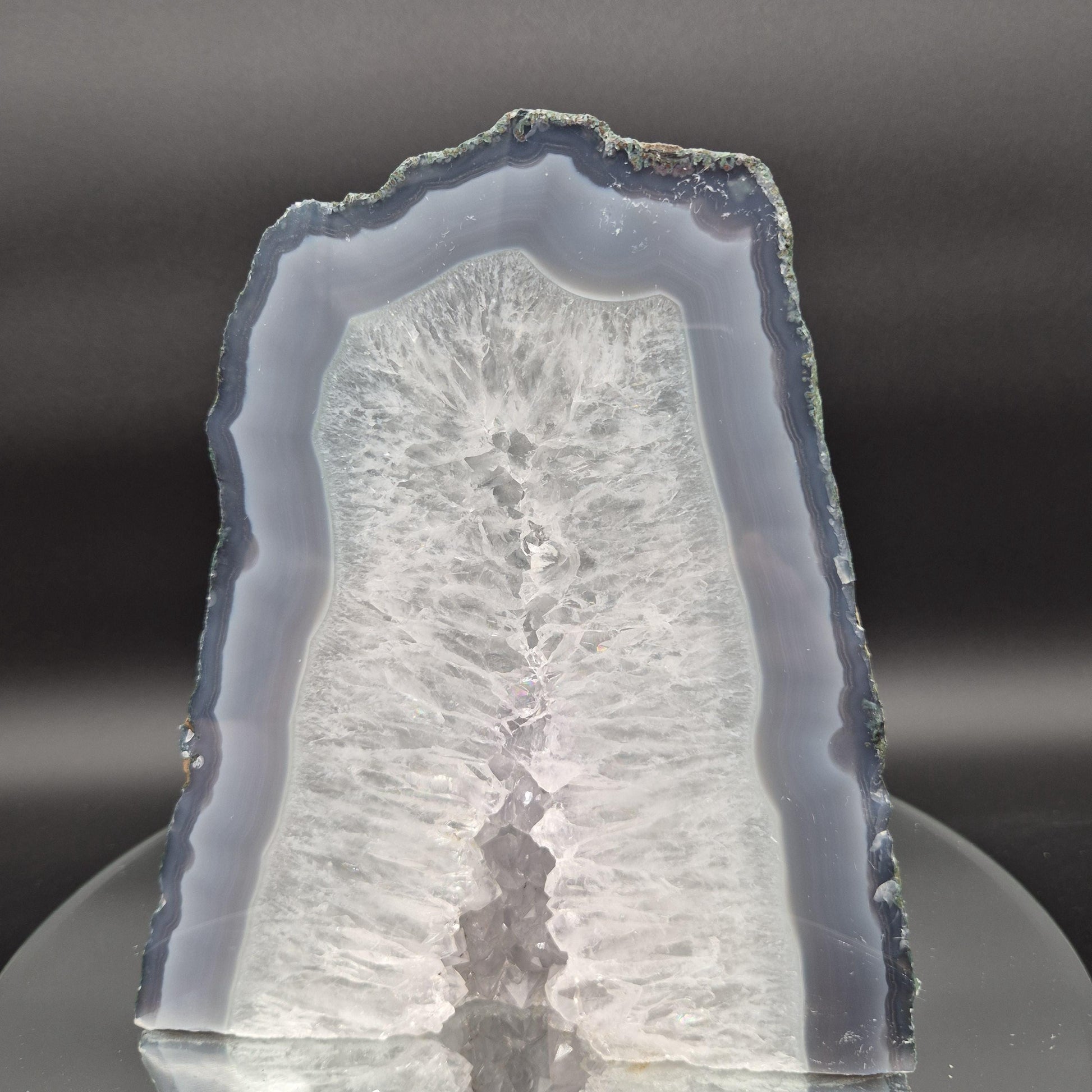 AAA Amethyst with Quartz Rainbow and Blue Banded Agate Cut Base Brazil 10.91 lb 8.5x7.5x4 Crystal Display Piece Crystal Hoarder