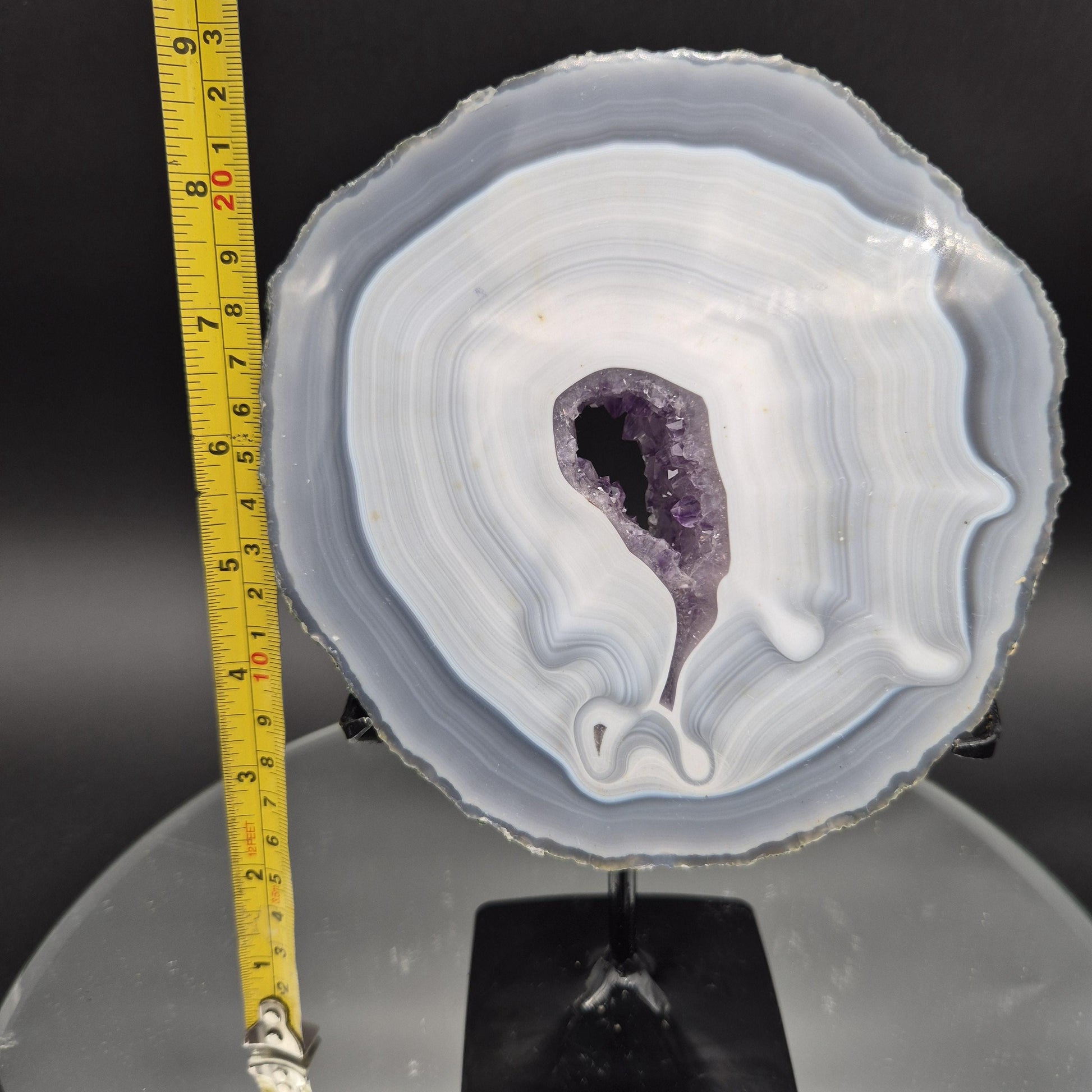 AAA+ Blue Banded Agate with Amethyst on Stand | Brazil Crystal Display | 9 Inch Tall | 2.89 lbs Crystal Hoarder