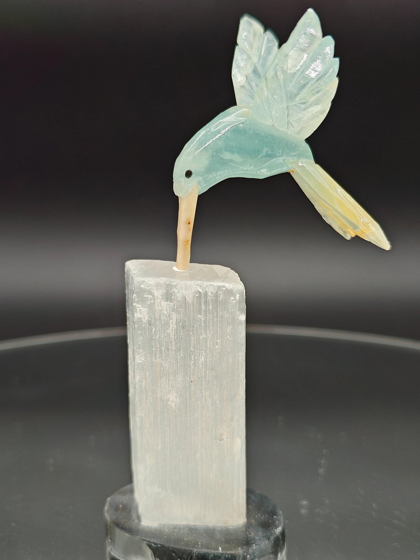 Blue Onyx Hummingbird on Satin Spar (Selenite Gypsum) - Hand Carved Brazil, 4 oz, 4 x 1in Crystal Hoarder