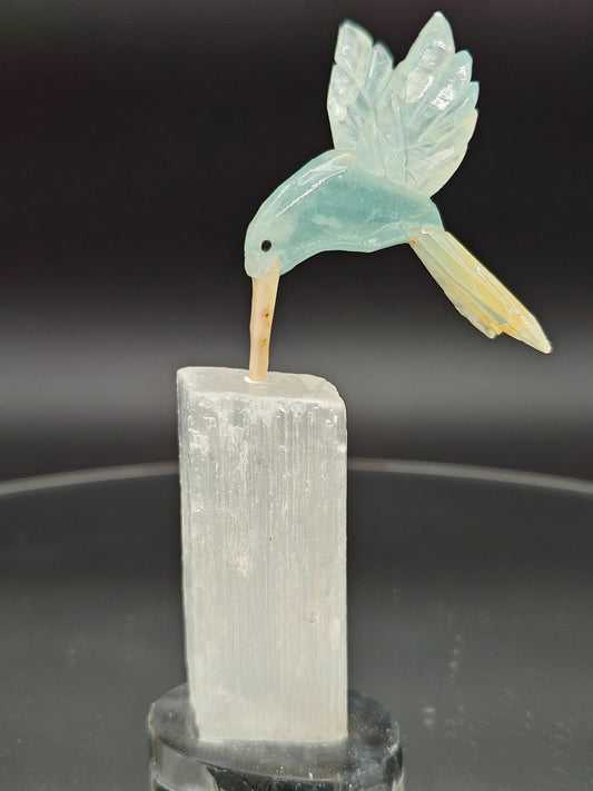 Blue Onyx Hummingbird on Satin Spar (Selenite Gypsum) - Hand Carved Brazil, 4 oz, 4 x 1in Crystal Hoarder