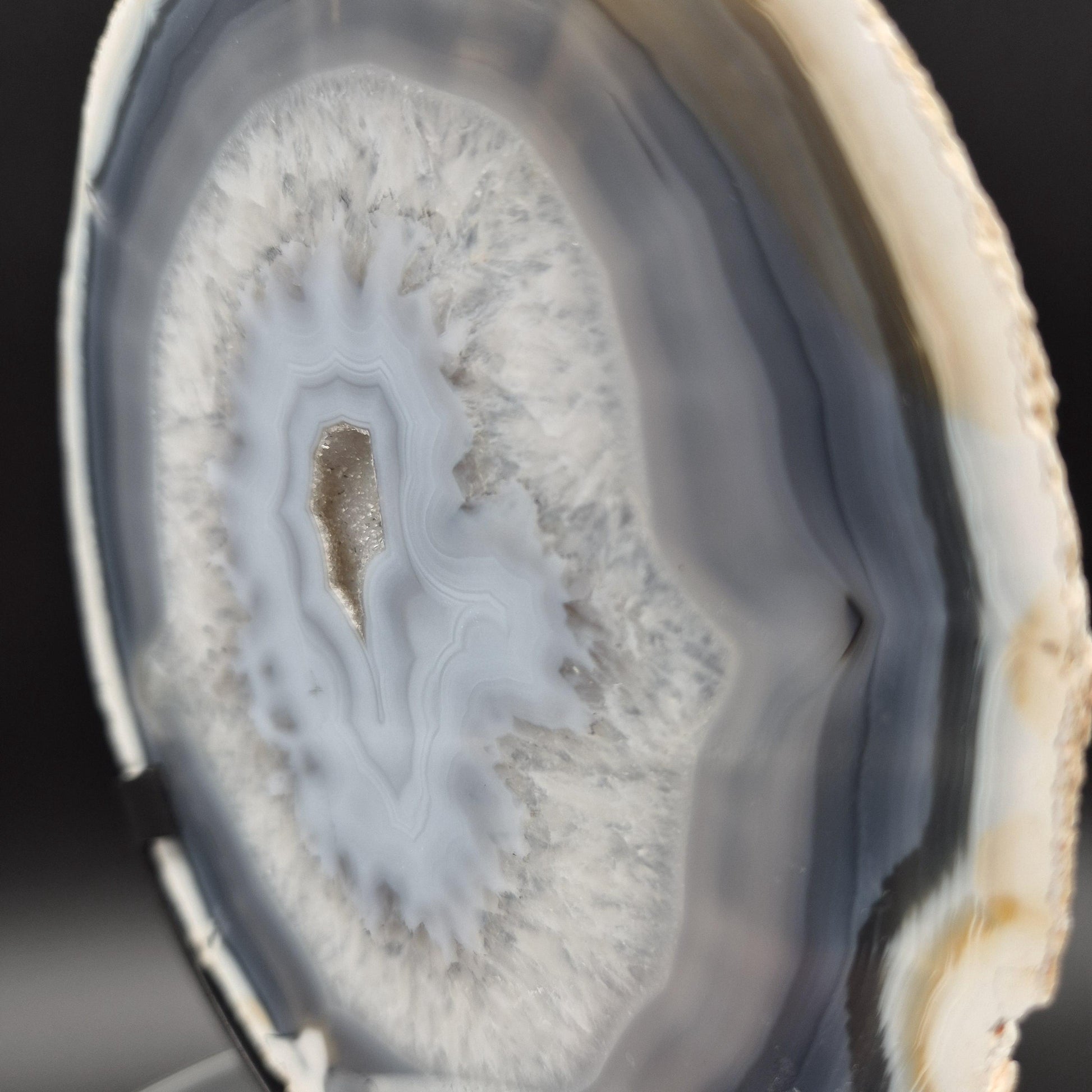 AAA+ Super Rare Druzy White and Dark Blue Agate Slice on Stand Brazil 1.03 lbs Crystal Hoarder
