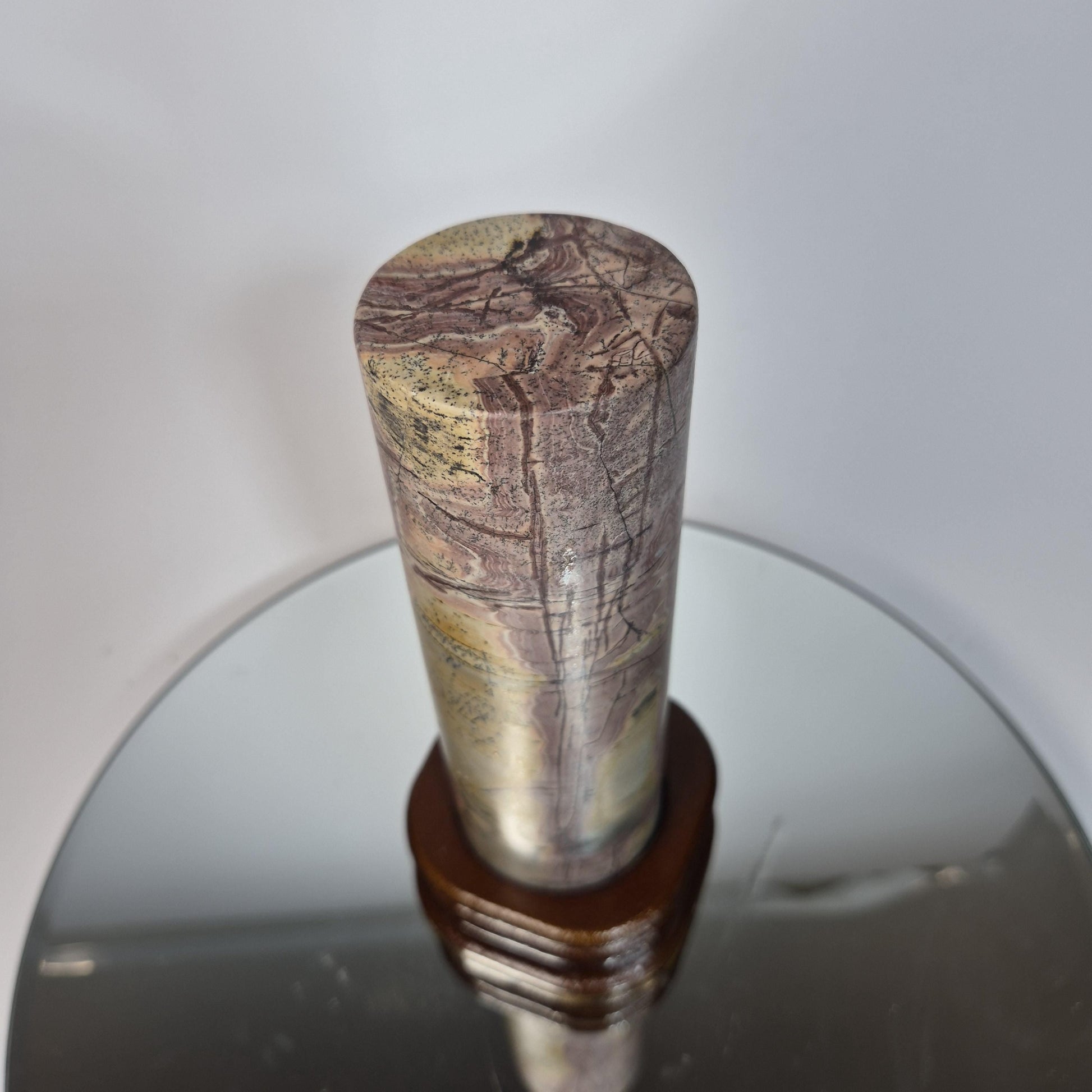 Picture Jasper Cylinder on Wood Stand - 7.5in Tall Earth Tone Crystal Display Crystal Hoarder