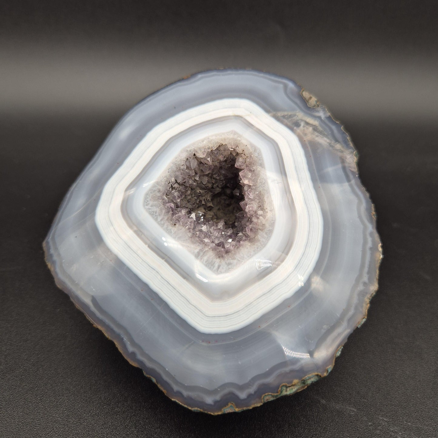 AAA+ Super Rare Amethyst with Tight Blue White Banded Agate Geode Brazil 3.42 lbs 5x4.5x2 Collector Crystal Crystal Hoarder