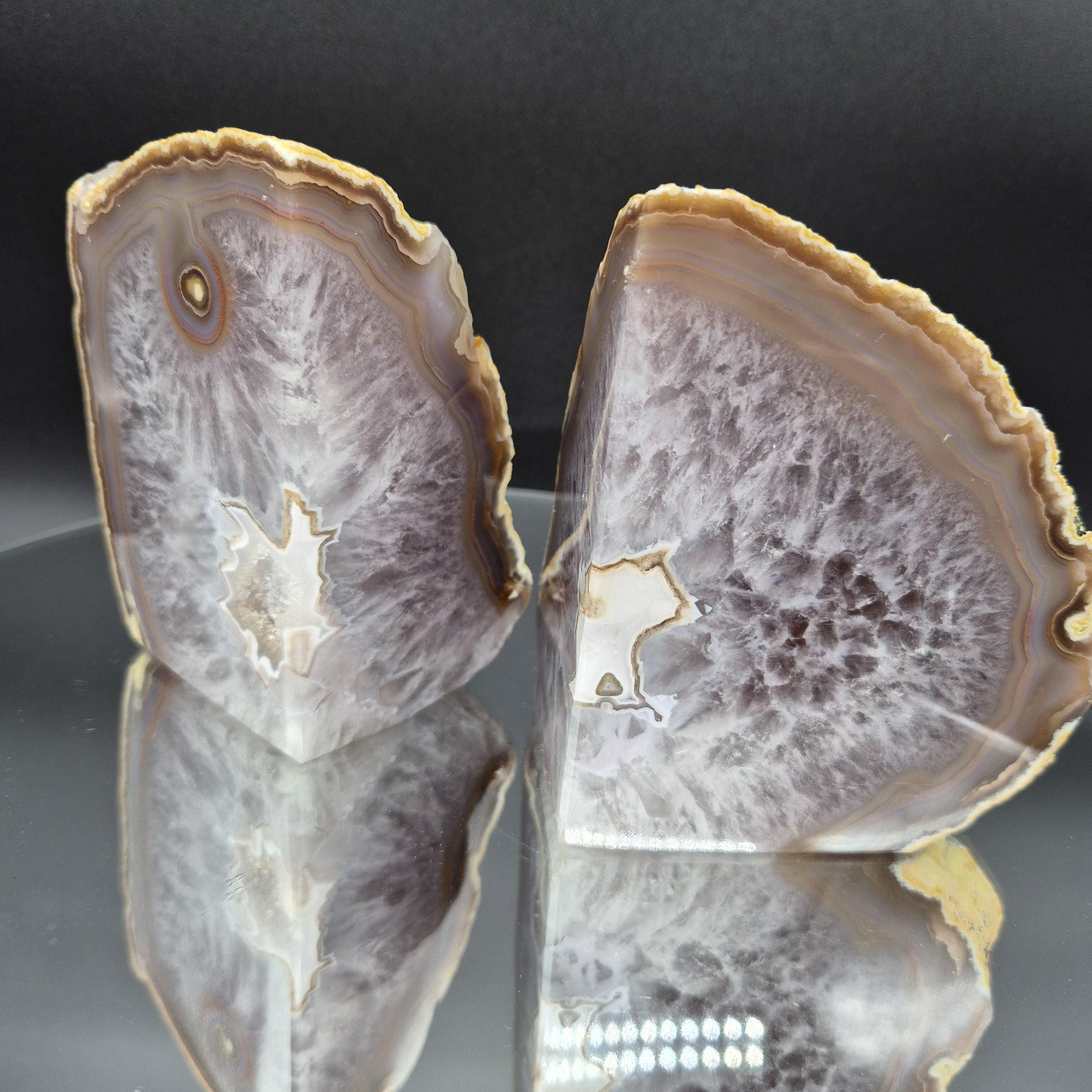 AAA+ Agate Bookends with Druzy & Stalactite Eye 7x4.5 | 3.73 lbs Natural Crystal Pair | Polished Agate Geode | Unique Home Decor Crystal Hoarder
