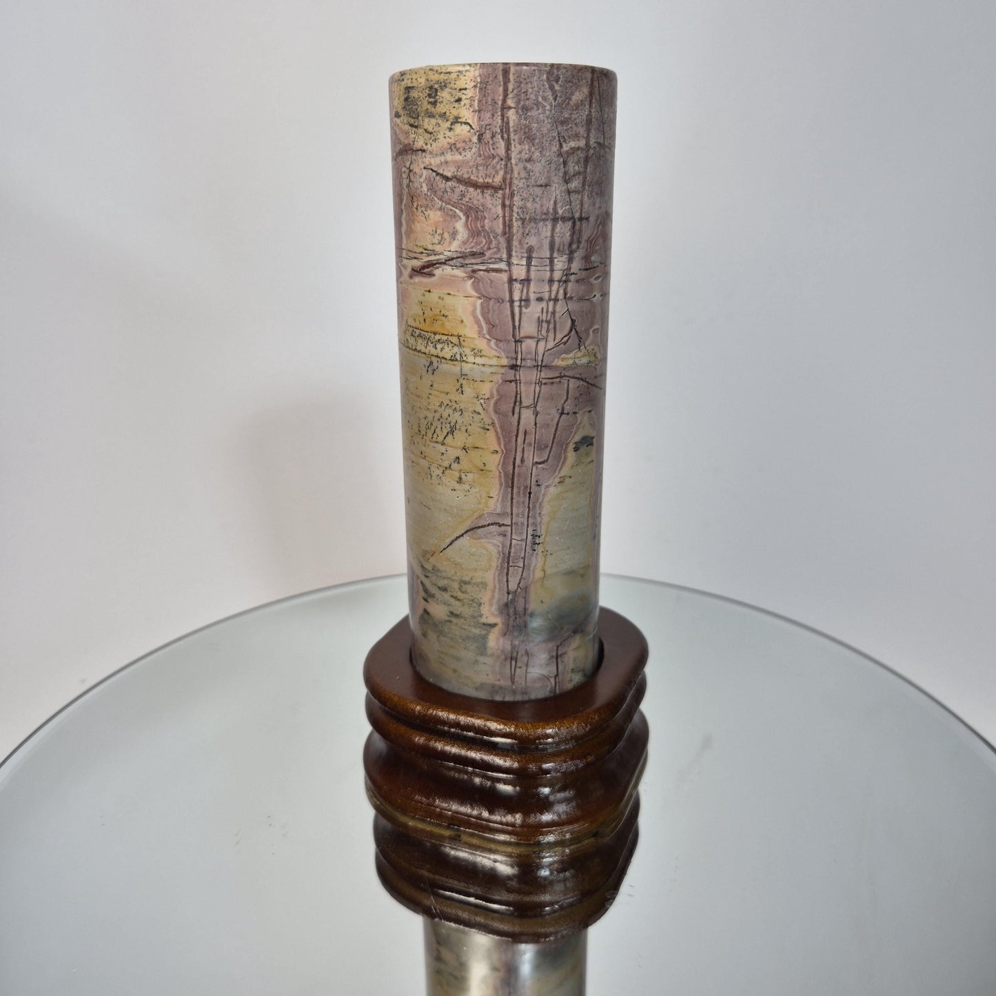 Picture Jasper Cylinder on Wood Stand - 7.5in Tall Earth Tone Crystal Display Crystal Hoarder
