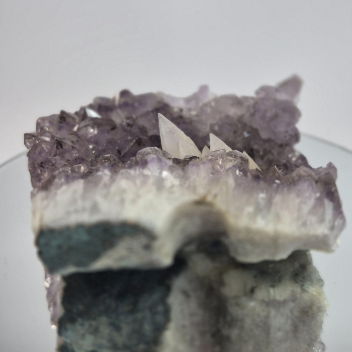 Super Rare White Mountain Calcite Points on Amethyst Cluster with Sugar Calcite Crystal Hoarder