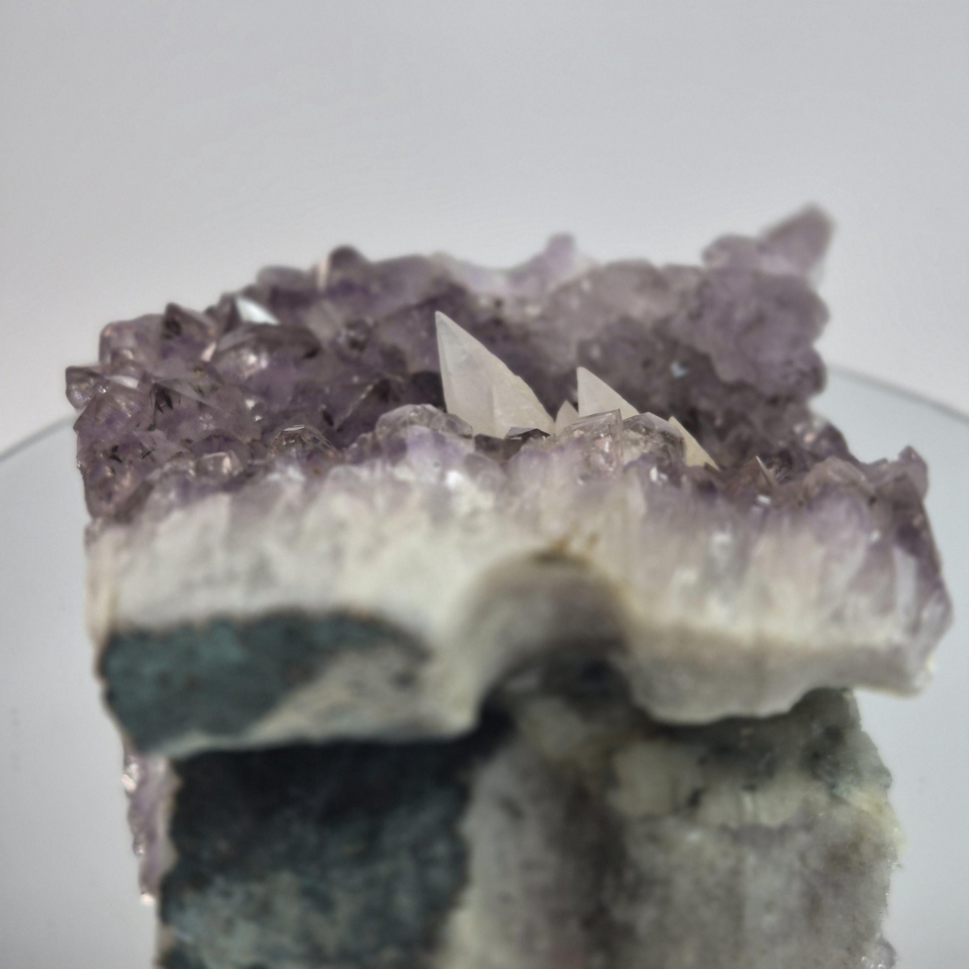 Super Rare White Mountain Calcite Points on Amethyst Cluster with Sugar Calcite Crystal Hoarder