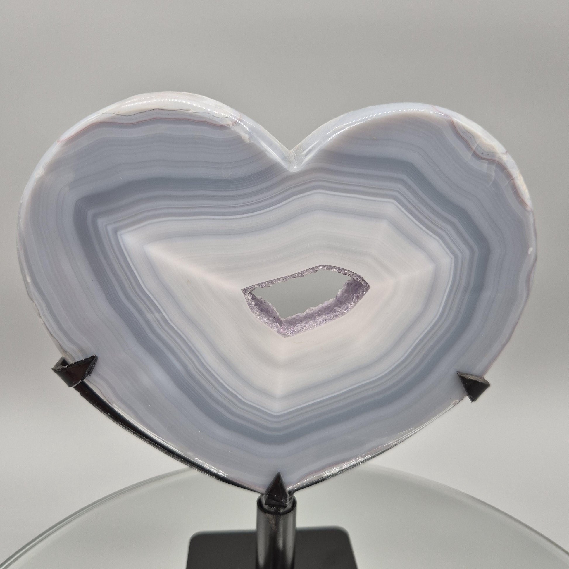 AAA+ Druzy Amethyst with Blue Banded Agate on Stand - Brazilian Amethyst Specimen - Perfect Framed Crystal Center Crystal Hoarder