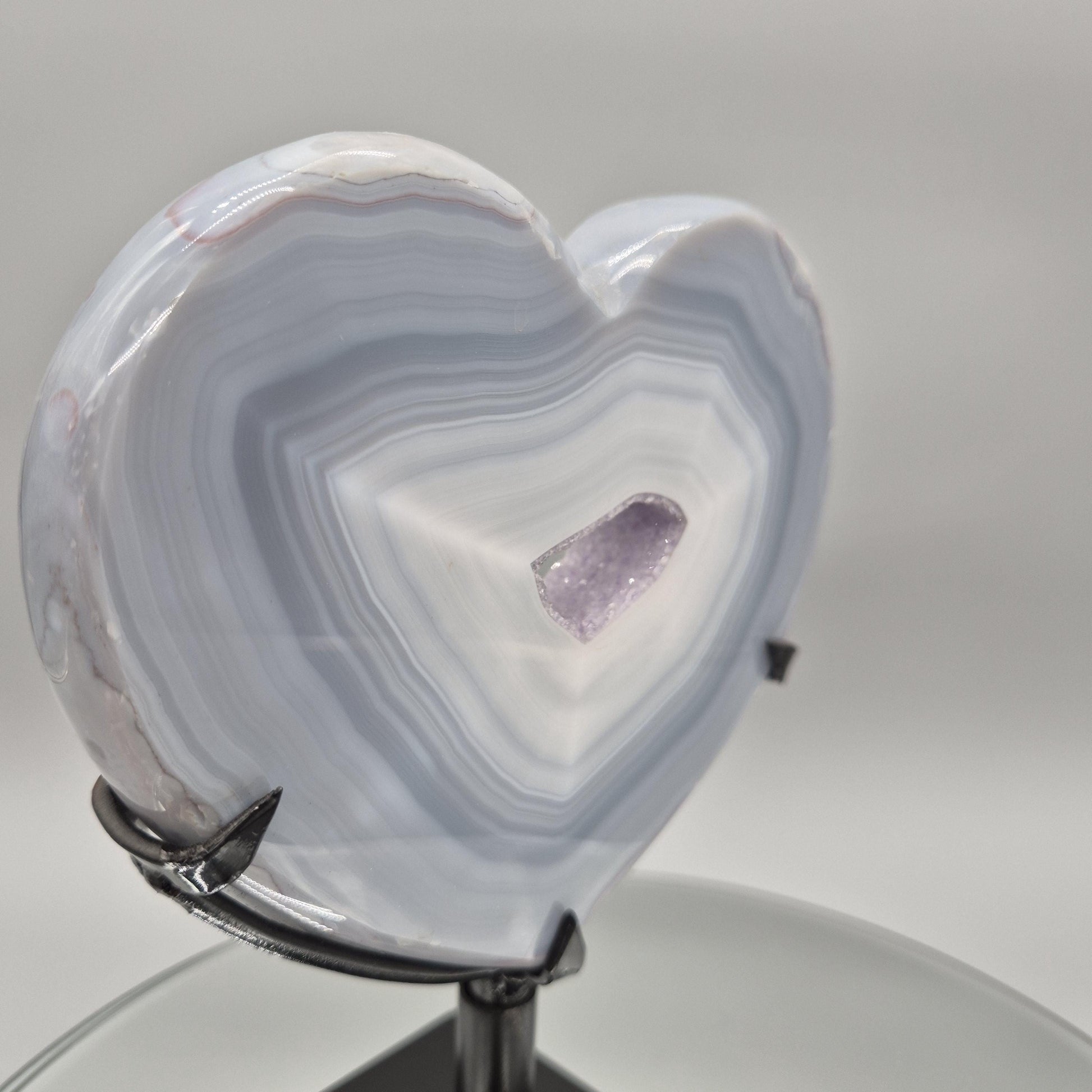 AAA+ Druzy Amethyst with Blue Banded Agate on Stand - Brazilian Amethyst Specimen - Perfect Framed Crystal Center Crystal Hoarder