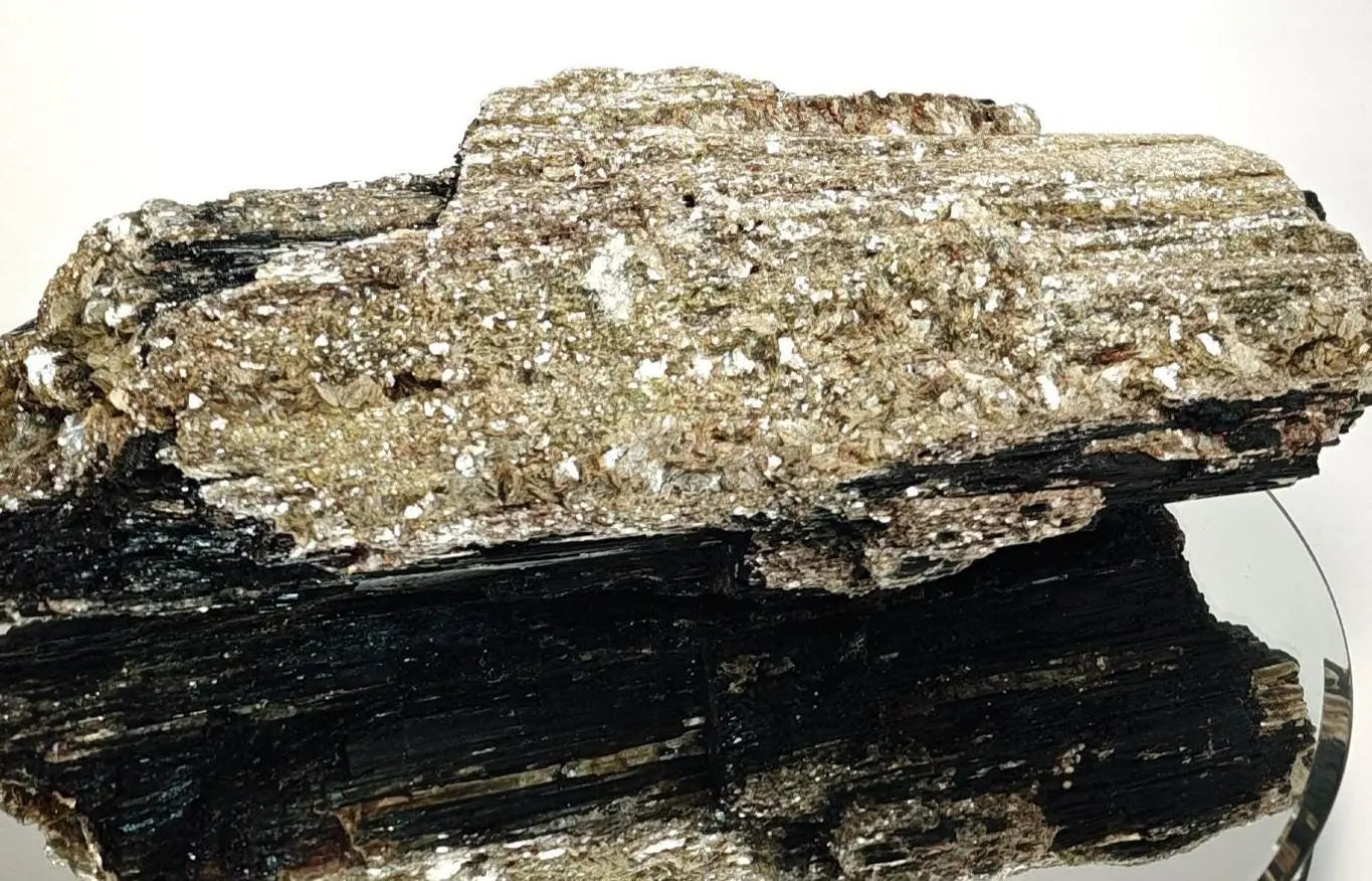 Black Tourmaline on a reflective surface with a white background