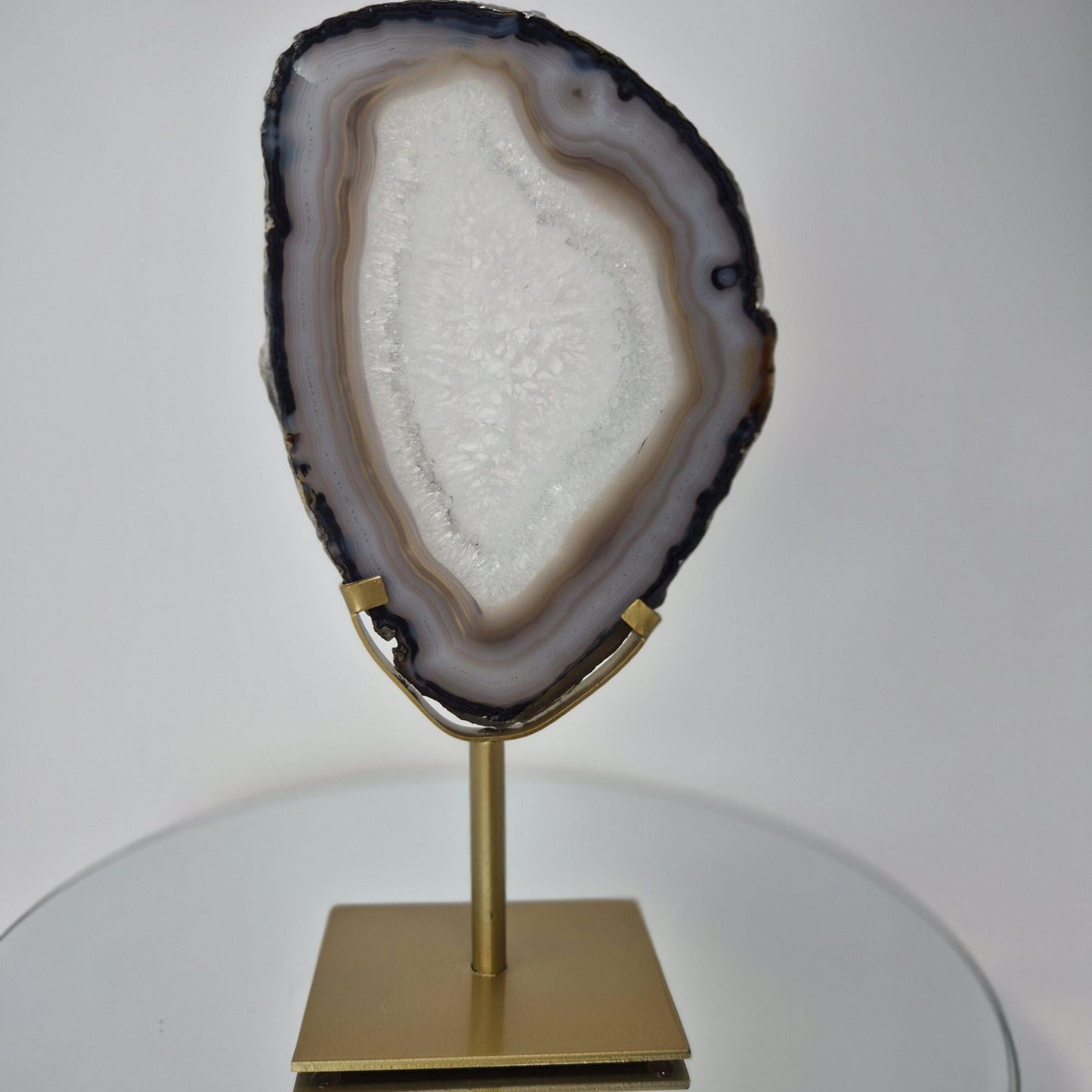 Clear Quartz Crystal with Banded Agate Slice on Stand, Translucent Brazilian Mineral Specimen Crystal Hoarder