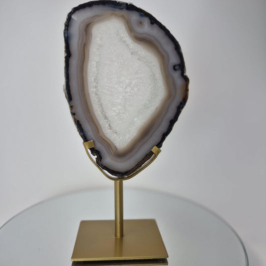 Clear Quartz Crystal with Banded Agate Slice on Stand, Translucent Brazilian Mineral Specimen Crystal Hoarder