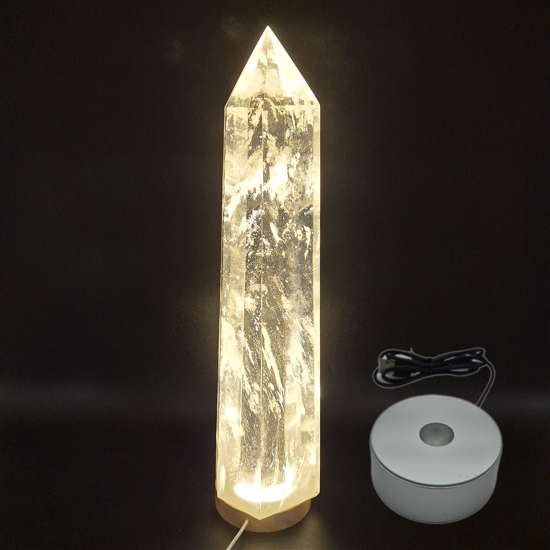 17.5in, 11.65 lbs- Clear Smelt Quartz Tower with White Cloud Inclusions - Man Made Quartz Obelisk - Optional LED Light Base Crystal Hoarder