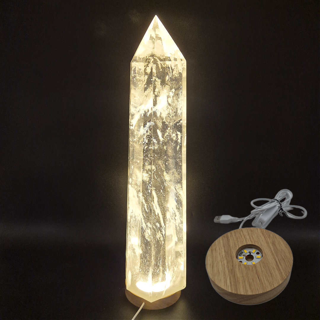 17.5in, 11.65 lbs- Clear Smelt Quartz Tower with White Cloud Inclusions - Man Made Quartz Obelisk - Optional LED Light Base Crystal Hoarder